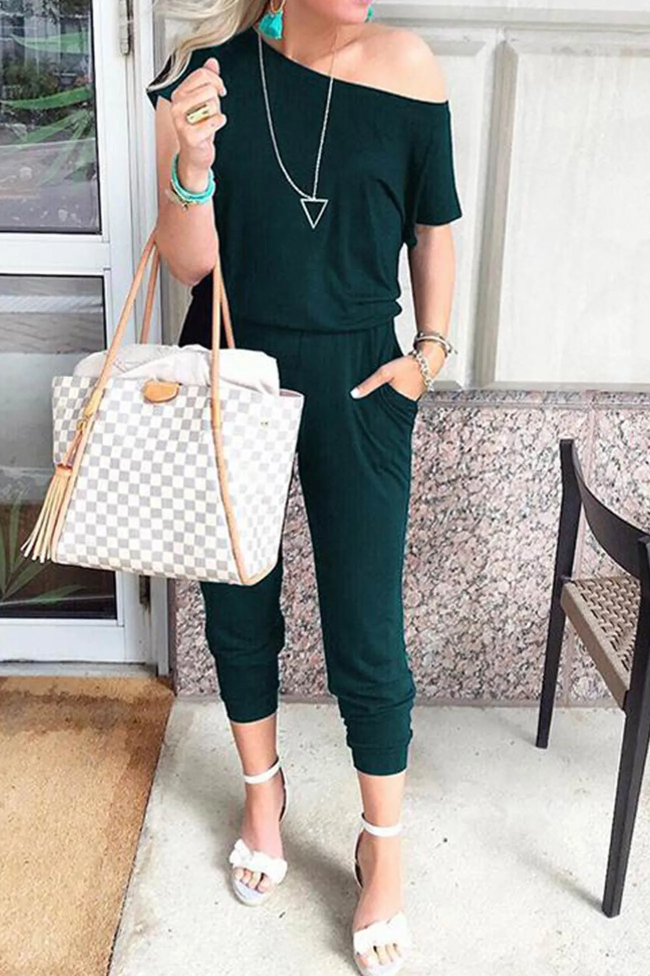 Sloping Shoulders High Waist Jumpsuits