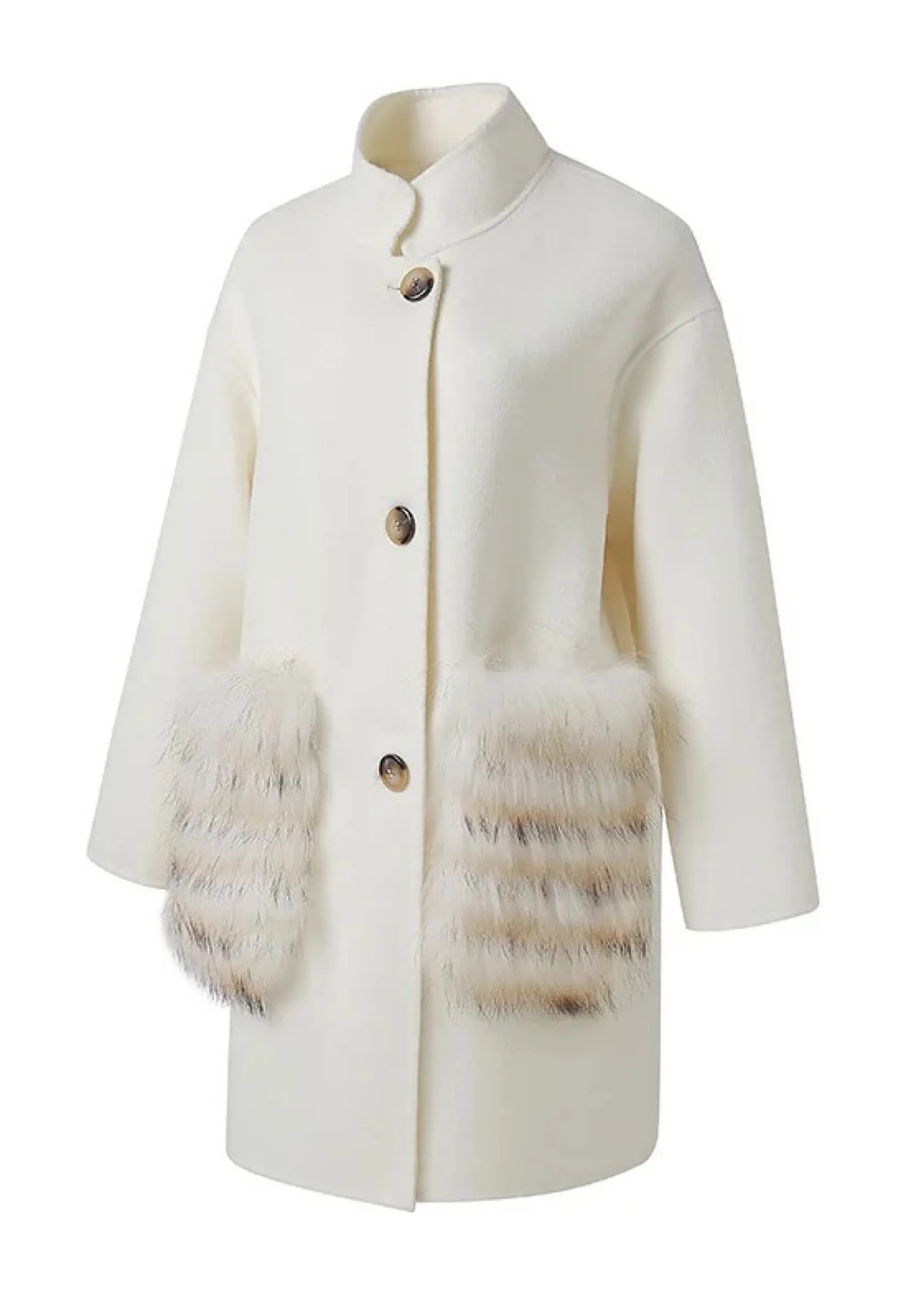 SOPHINA White Cashmere Coat with Fur Detail