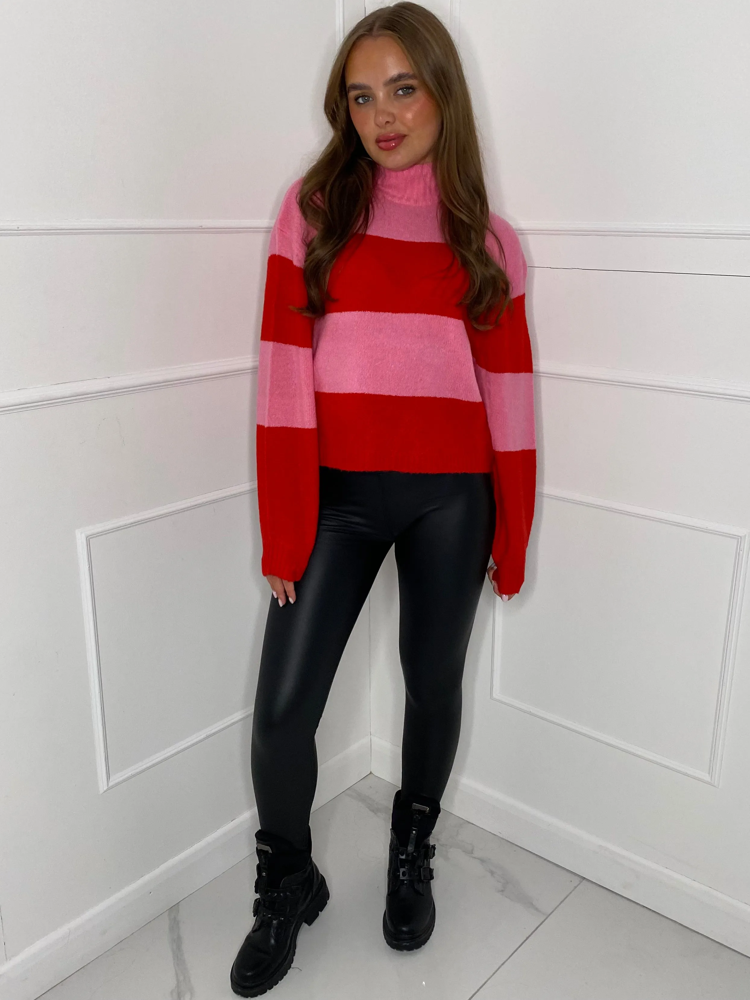 Striped High Neck Jumper - Pink/Red