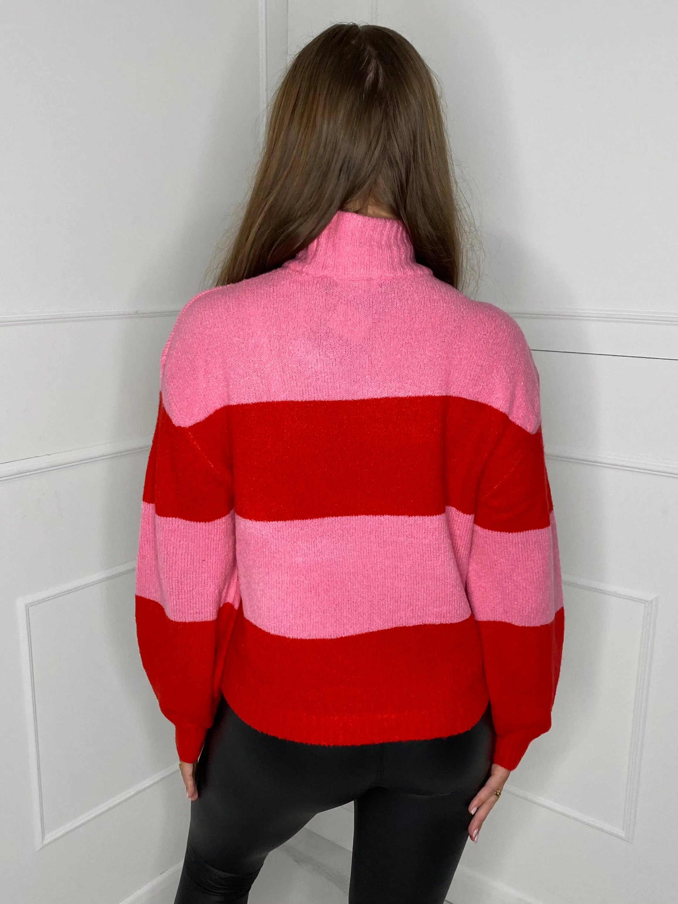 Striped High Neck Jumper - Pink/Red