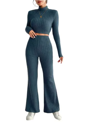 TEEK - Ribbed Mock Neck Cropped Sweater & High Waist Pants Set