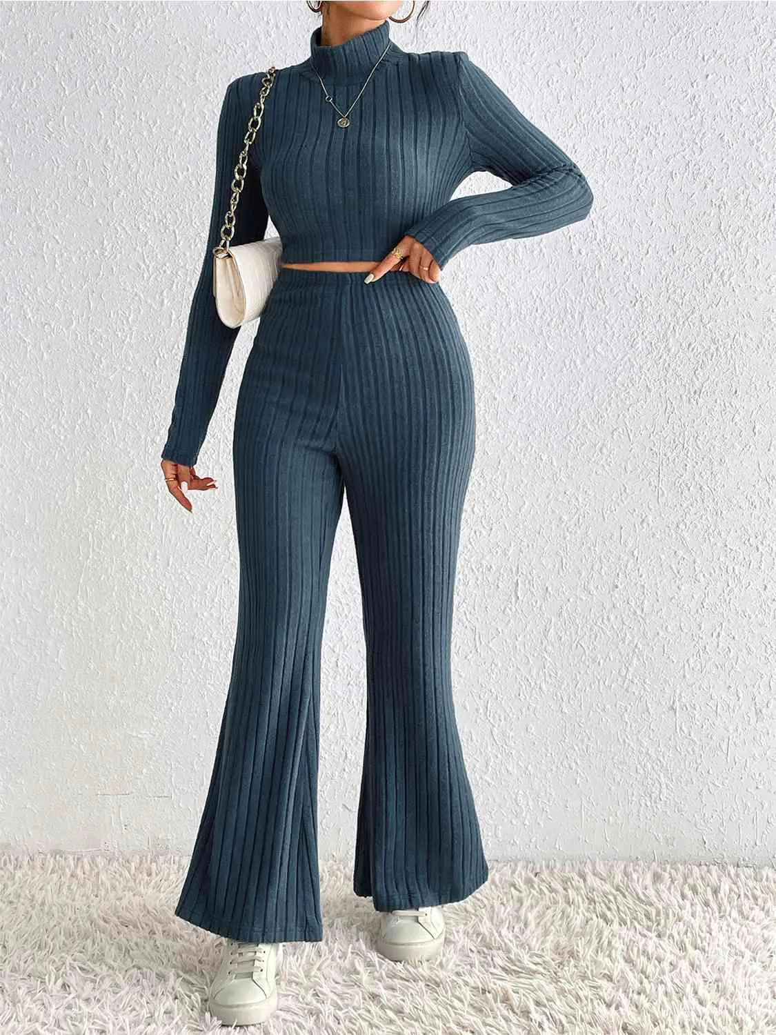 TEEK - Ribbed Mock Neck Cropped Sweater & High Waist Pants Set