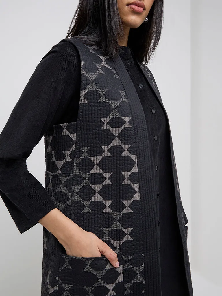 Utsa Black Geometric Design Quilted Cotton Jacket