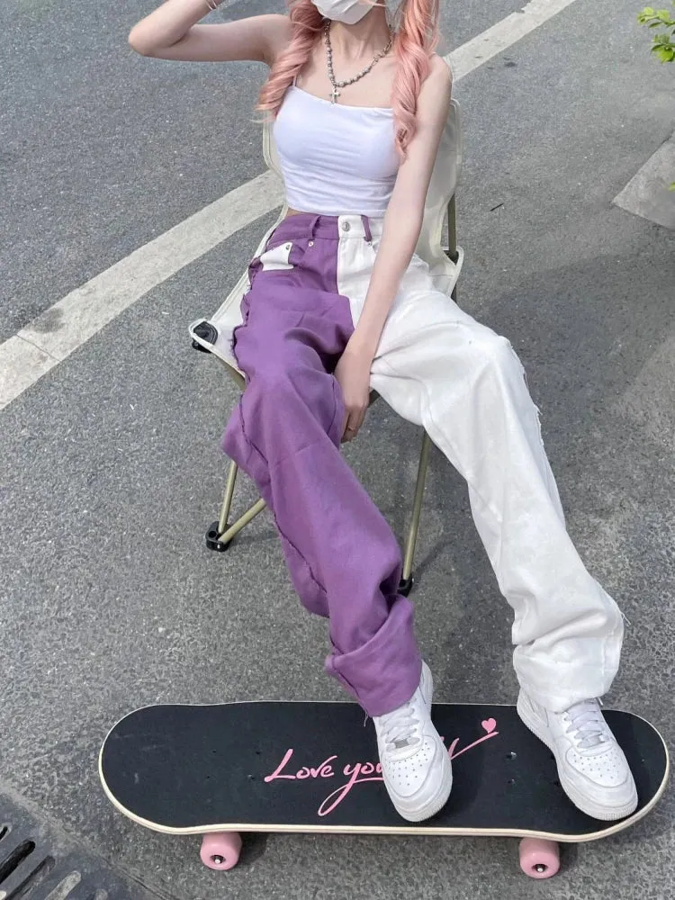 Vintage High Waist Purple Denim Pants Women's Y2K Baggy Jeans Hip Hop Streetwear