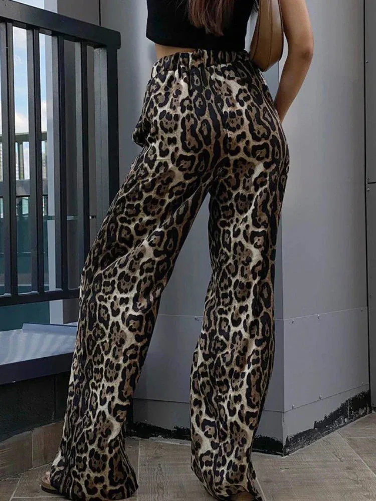 Vintage Leopard Pants Women Streetwear High Waist Kpop Wide Leg Jogging Pants