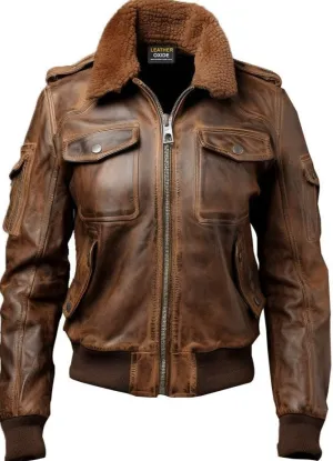 Women Vintage Leather Jacket - Distressed Brown Bomber Jacket