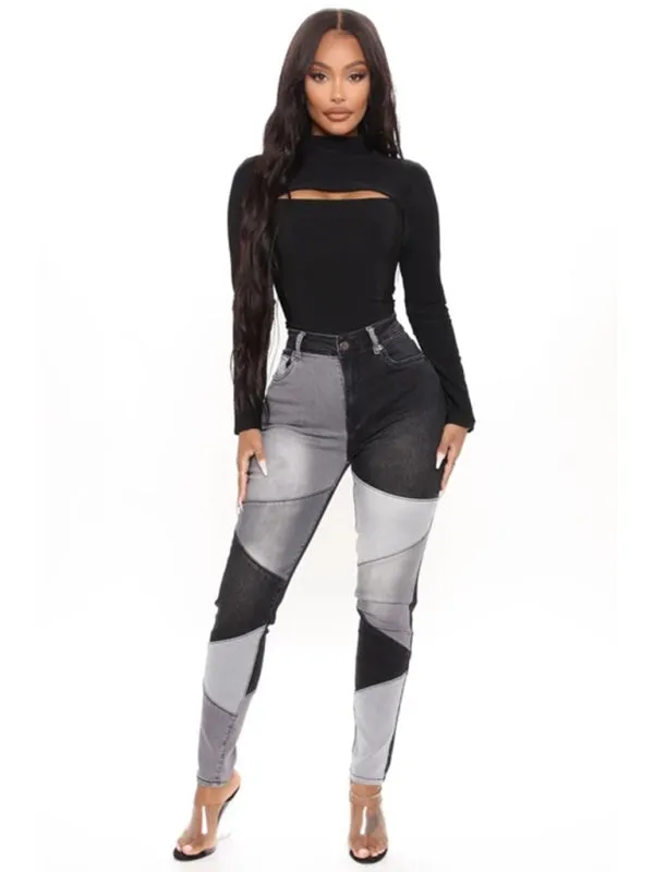 Women's High Waist Colorblock Skinny Jeans