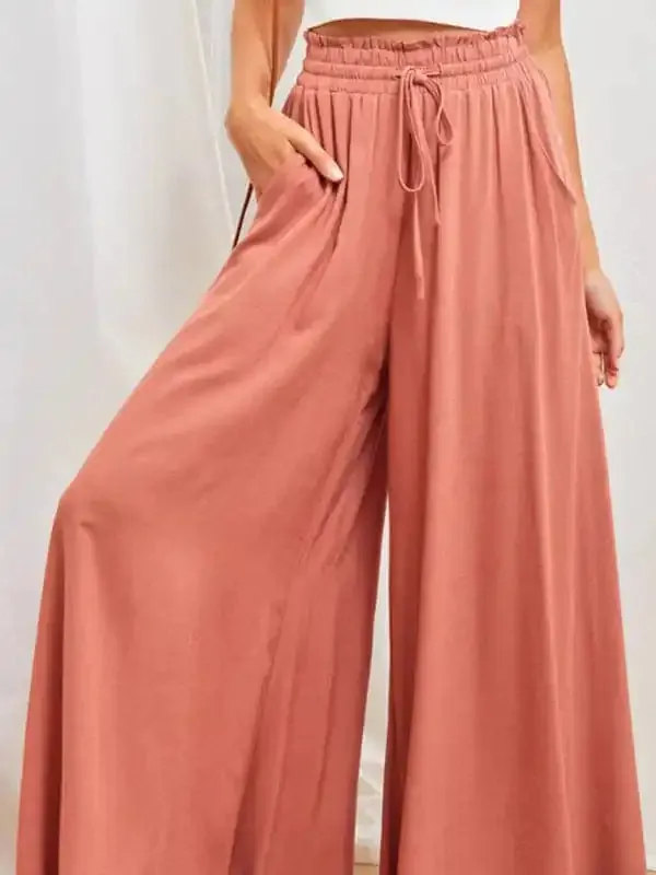 Women’s Solid Color Elastic Waist Wide Leg High Waist Trousers