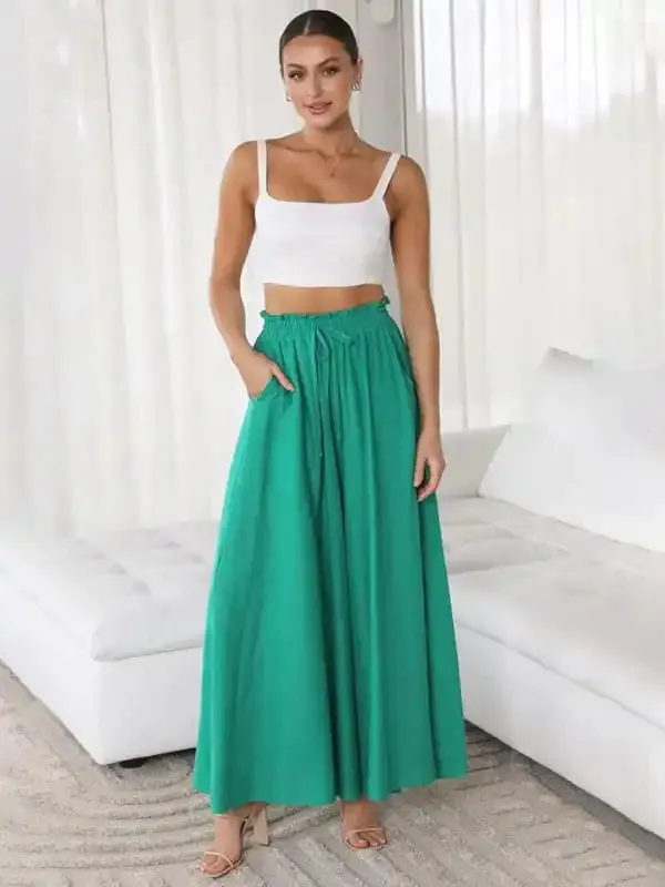 Women’s Solid Color Elastic Waist Wide Leg High Waist Trousers