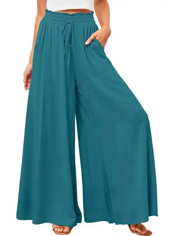 Women’s Solid Color Elastic Waist Wide Leg High Waist Trousers