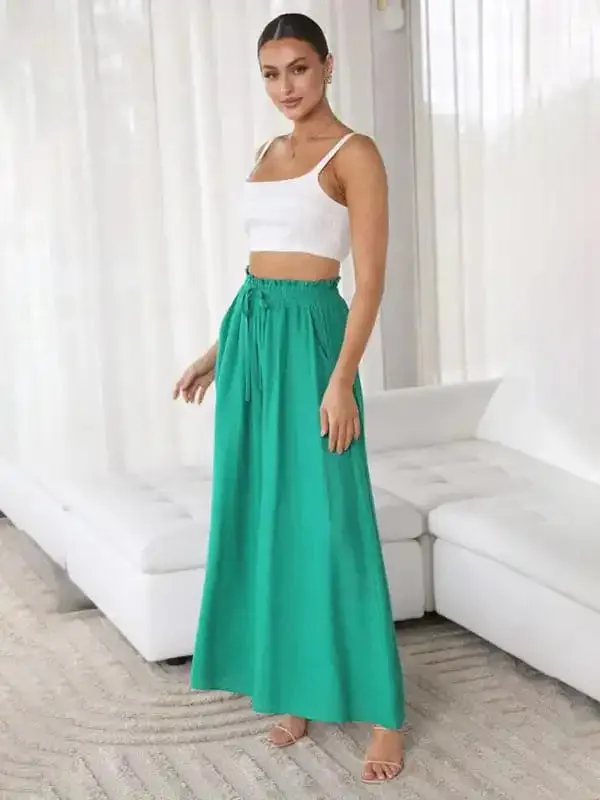 Women’s Solid Color Elastic Waist Wide Leg High Waist Trousers