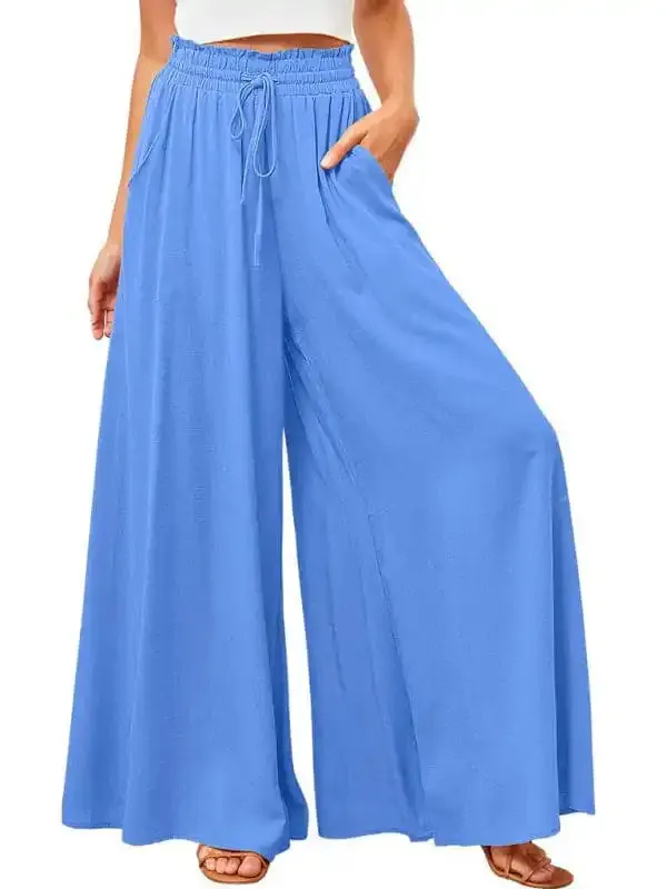 Women’s Solid Color Elastic Waist Wide Leg High Waist Trousers