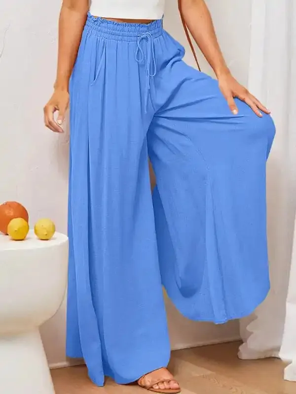 Women’s Solid Color Elastic Waist Wide Leg High Waist Trousers