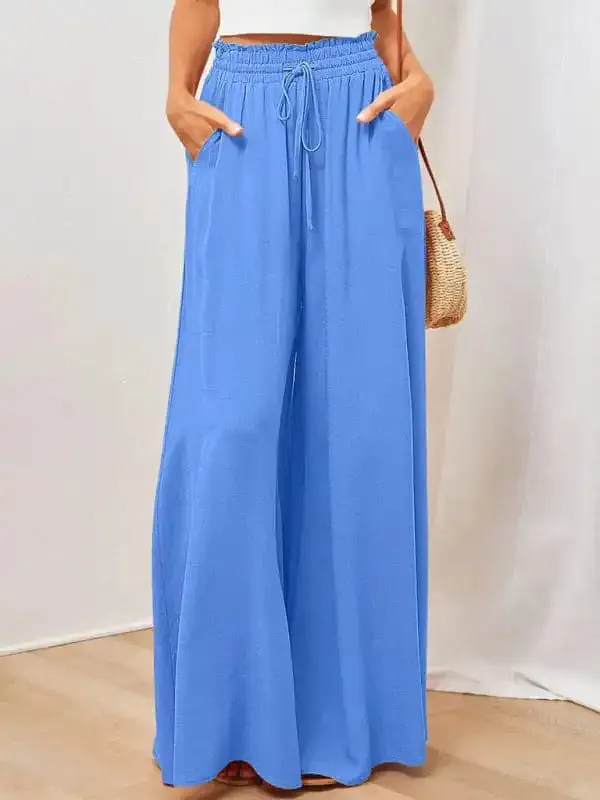 Women’s Solid Color Elastic Waist Wide Leg High Waist Trousers