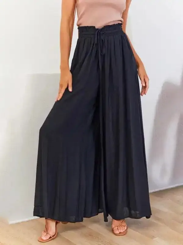 Women’s Solid Color Elastic Waist Wide Leg High Waist Trousers