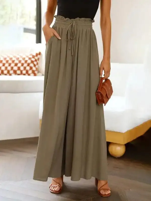 Women’s Solid Color Elastic Waist Wide Leg High Waist Trousers