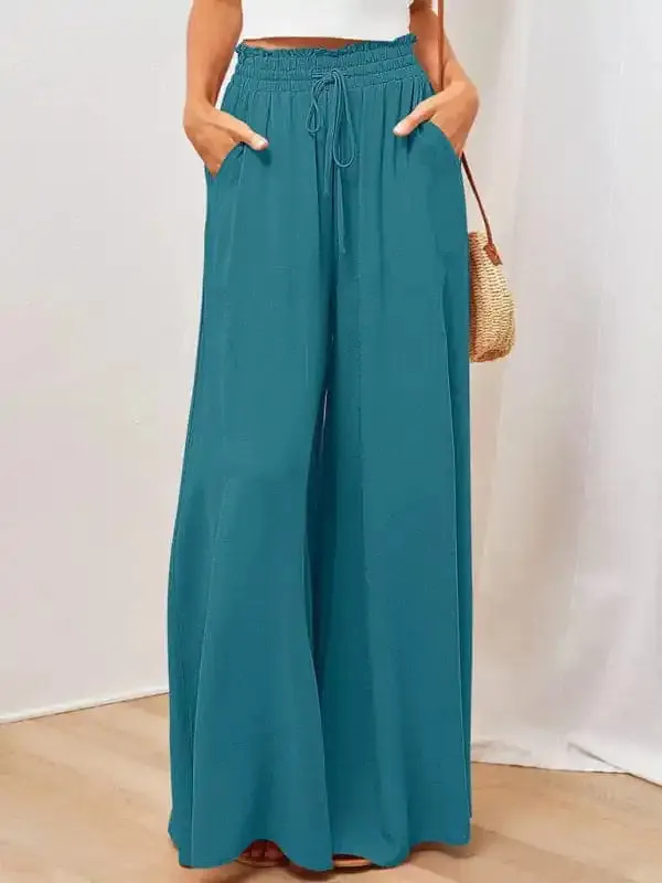 Women’s Solid Color Elastic Waist Wide Leg High Waist Trousers