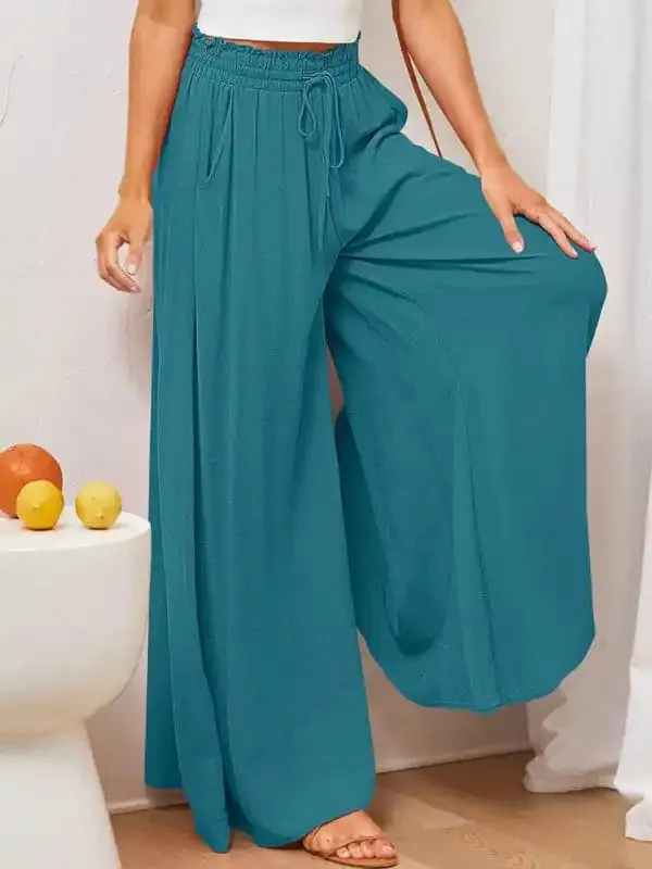 Women’s Solid Color Elastic Waist Wide Leg High Waist Trousers