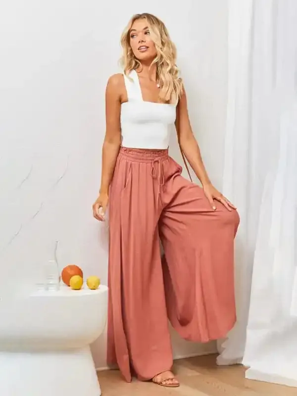 Women’s Solid Color Elastic Waist Wide Leg High Waist Trousers