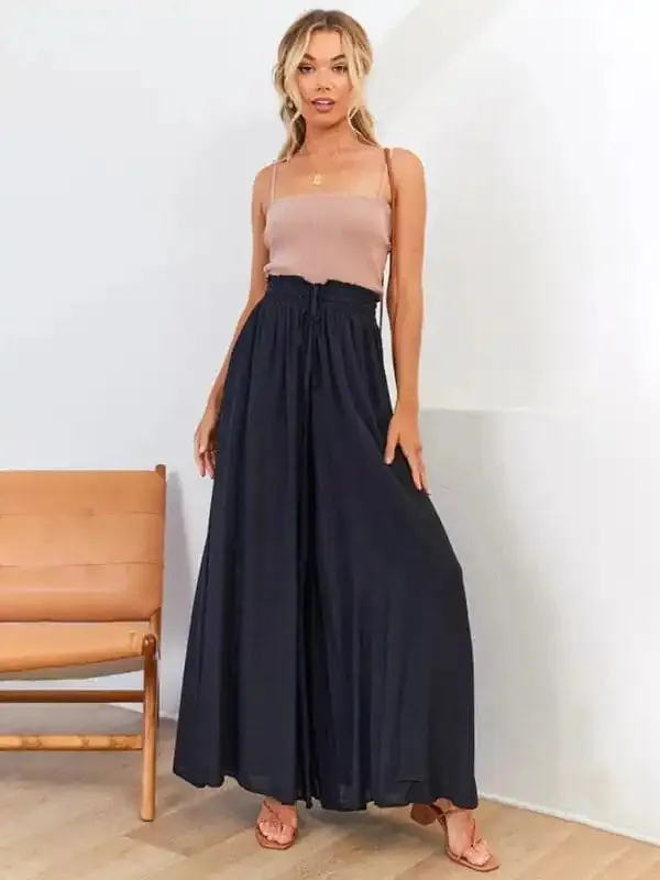 Women’s Solid Color Elastic Waist Wide Leg High Waist Trousers