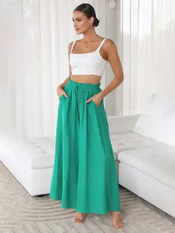 Women’s Solid Color Elastic Waist Wide Leg High Waist Trousers