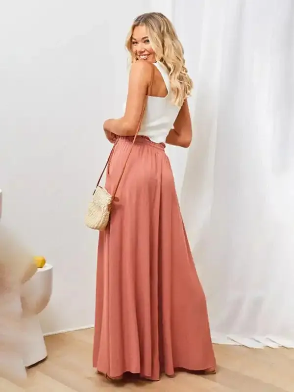 Women’s Solid Color Elastic Waist Wide Leg High Waist Trousers